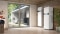 Bild zeigt eine ebenerdige Energiezentrale bzw. Hauswirtschaftsraum mit waschmaschine, Batteriespeicher und Wärmepumpe, der Blick in den Garten zeigt die Außeneinheit der Wärmepumpe , eine Garage mit Wallbox und PV-Anlage am Dach.